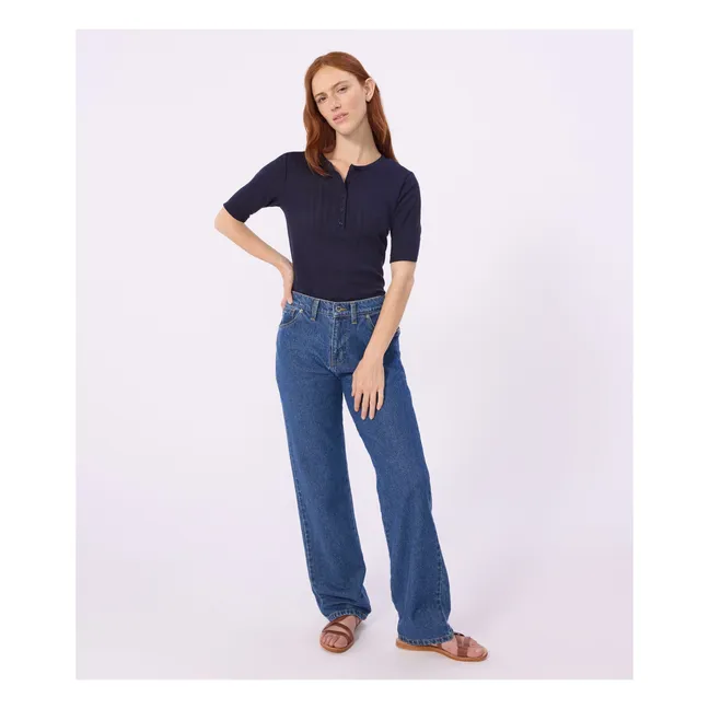 T-shirt Col Tunisien Pointelle | Bleu marine