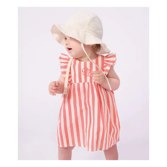 Conjunto de vestido y bombacho de algodón orgánico Seersucker a rayas | Coral