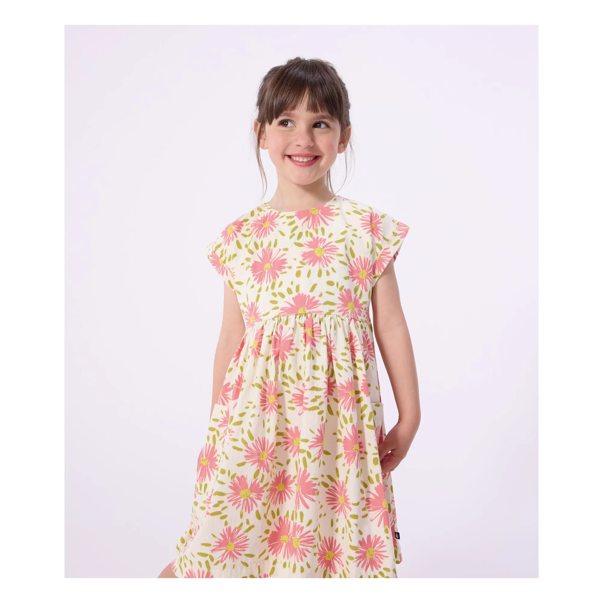 Petit Bateau Girls Ecru Crépon Coton Bio Flower Dress