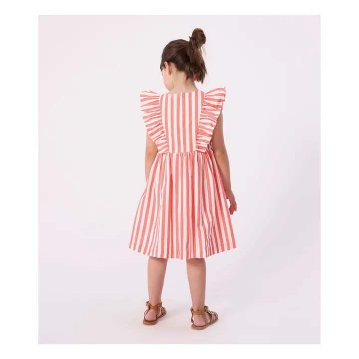 Striped Organic Cotton Ruffle Dress | Coral- Product image n°2