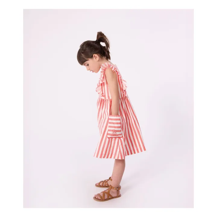 Striped Organic Cotton Ruffle Dress | Coral- Product image n°1