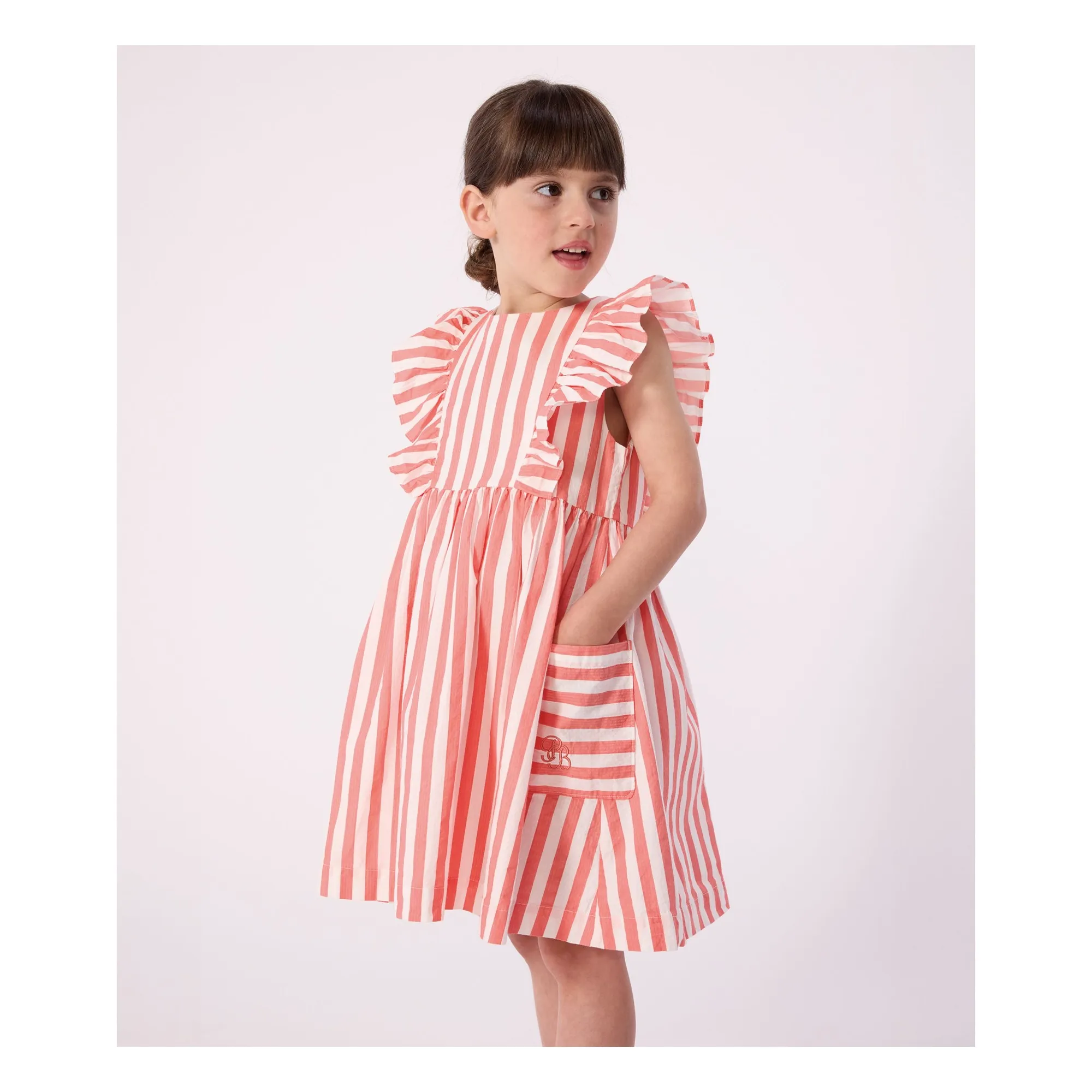 Petit Bateau Girls Coral Striped Organic Cotton Ruffle Dress