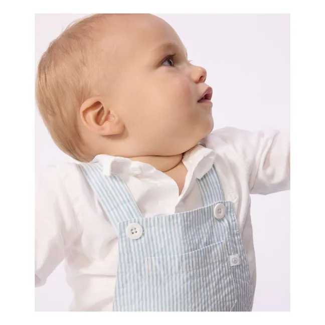 Striped Seersucker Organic Cotton Short Dungarees | Light Blue