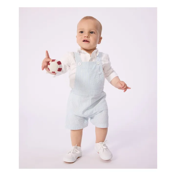 Striped Seersucker Organic Cotton Short Dungarees | Light Blue- Product image n°1