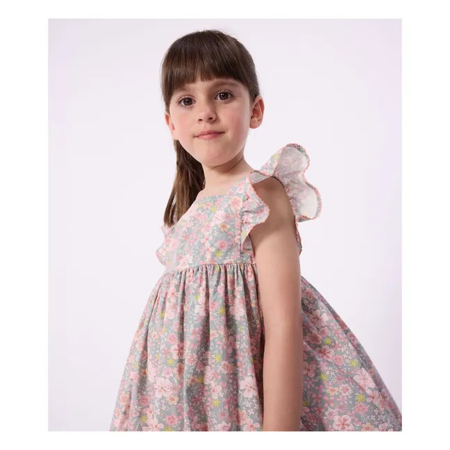 Organic Cotton Poplin Flower Sleeveless Dress | Grey blue