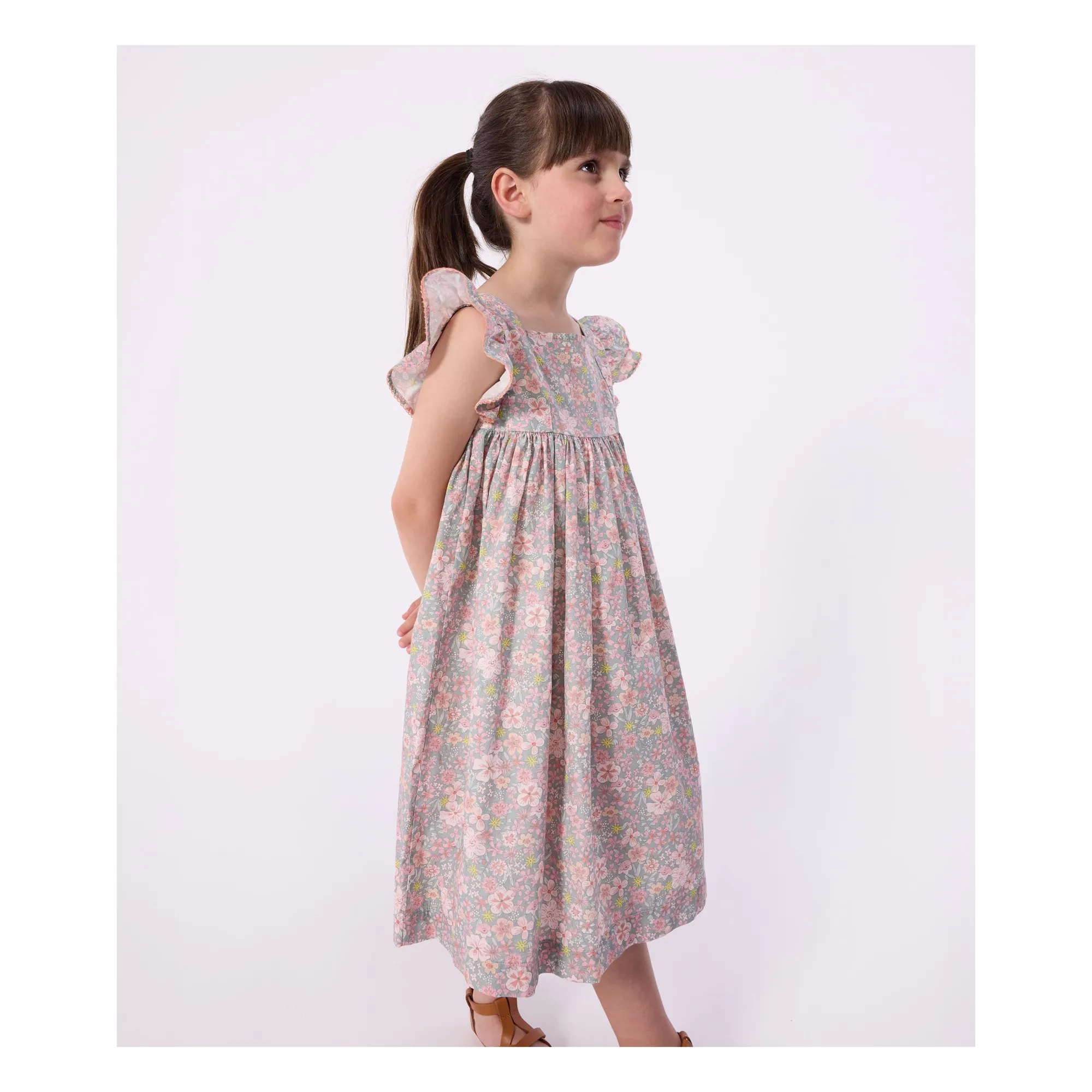 Petit Bateau Girls Grey Blue Organic Cotton Poplin Flower Sleeveless Dress