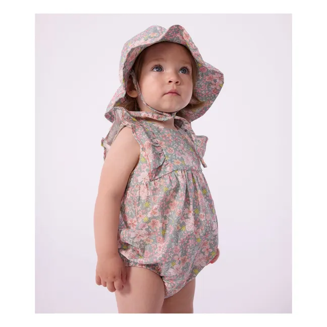 Barboteuse Fleurie Popeline Coton Bio | Bleu gris