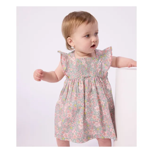 Conjunto de vestido floral y bloomer de algodón orgánico | Azul Gris