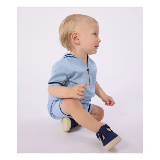 Ensemble Top Col Vareuse et Short Chambray | Bleu Clair