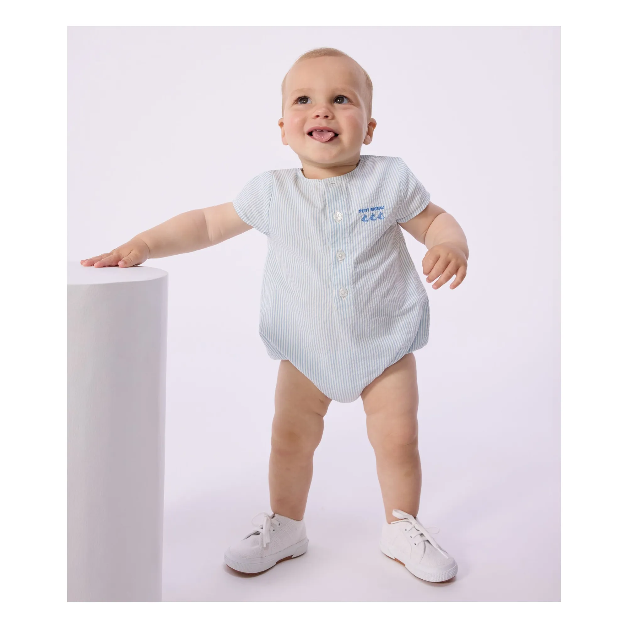 Petit Bateau Boys Light Blue Striped Seersucker Organic Cotton Romper