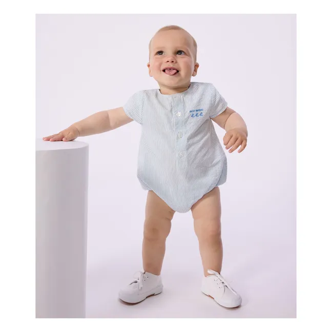 Pelele de algodón orgánico Seersucker a rayas | Azul Claro