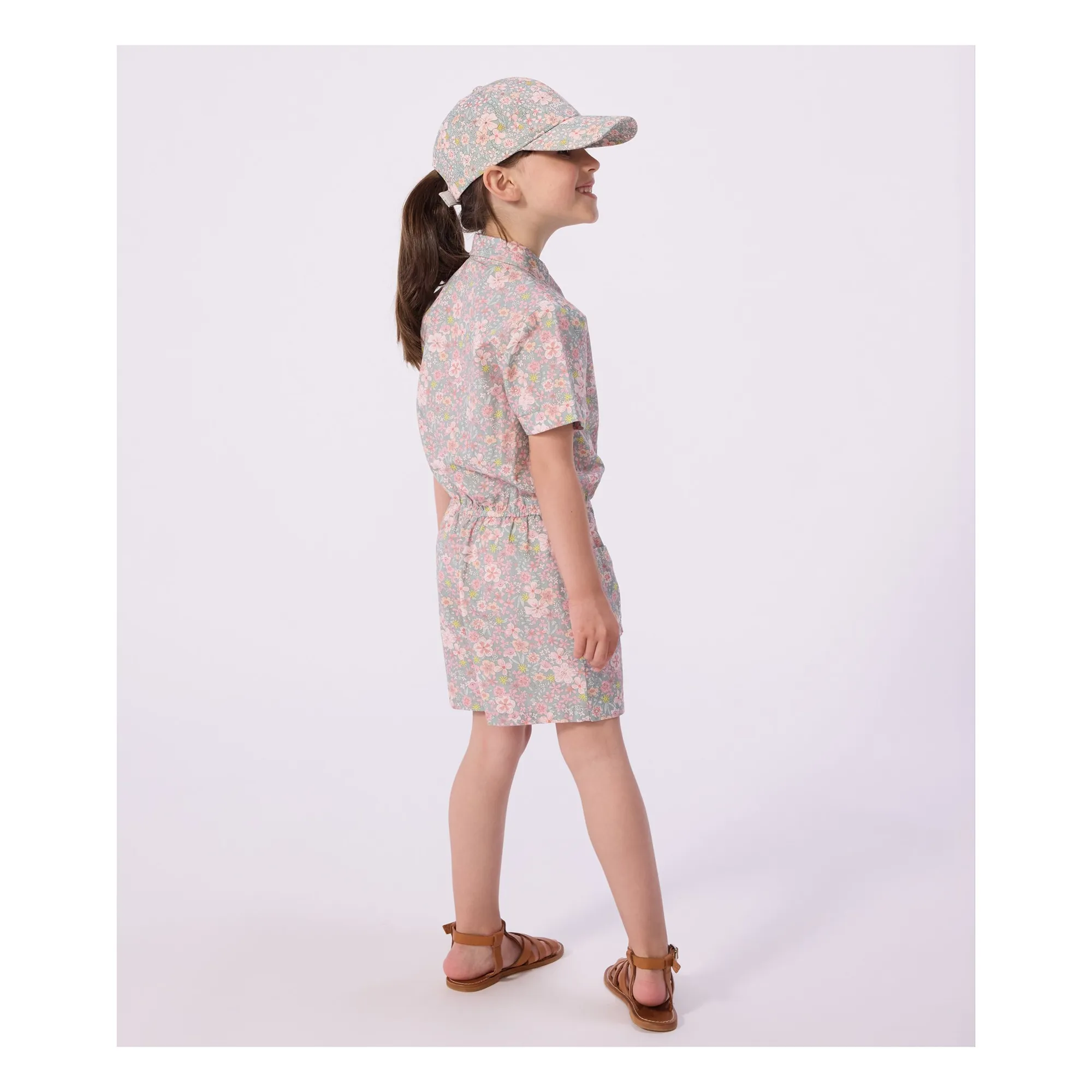 Combishort Fleurie Popeline Coton Bio | Bleu gris- Image produit n°2