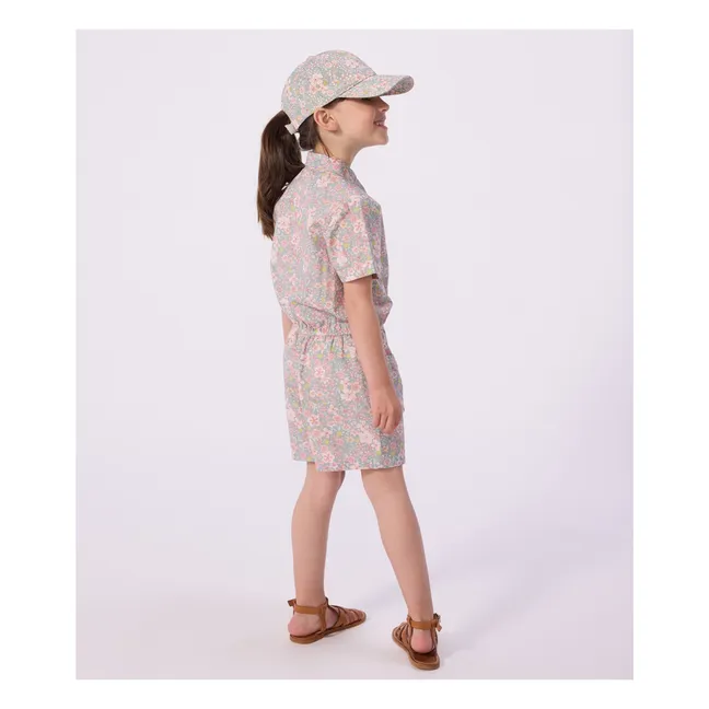 Combishort Fleurie Popeline Coton Bio | Bleu gris