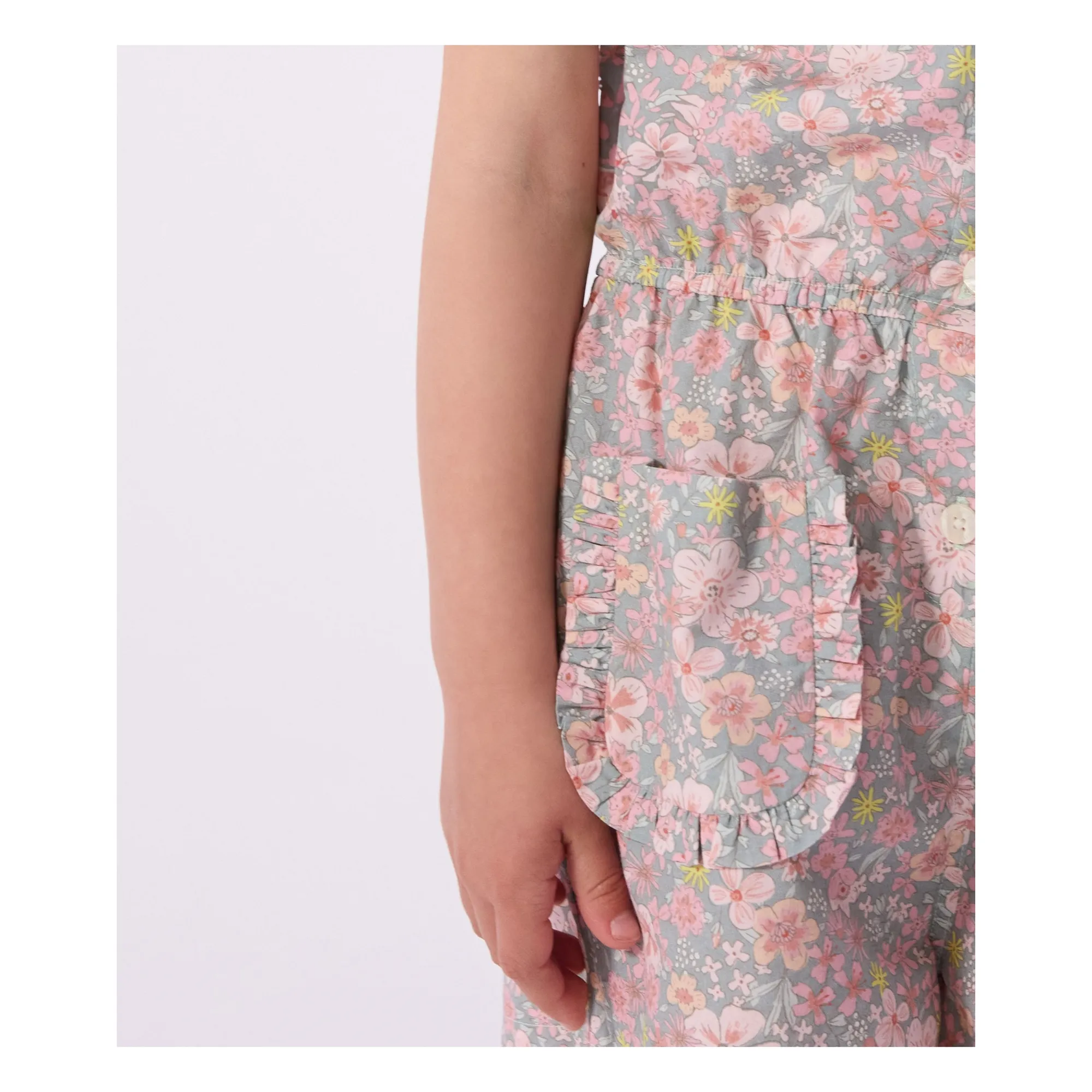 Combishort Fleurie Popeline Coton Bio | Bleu gris- Image produit n°1