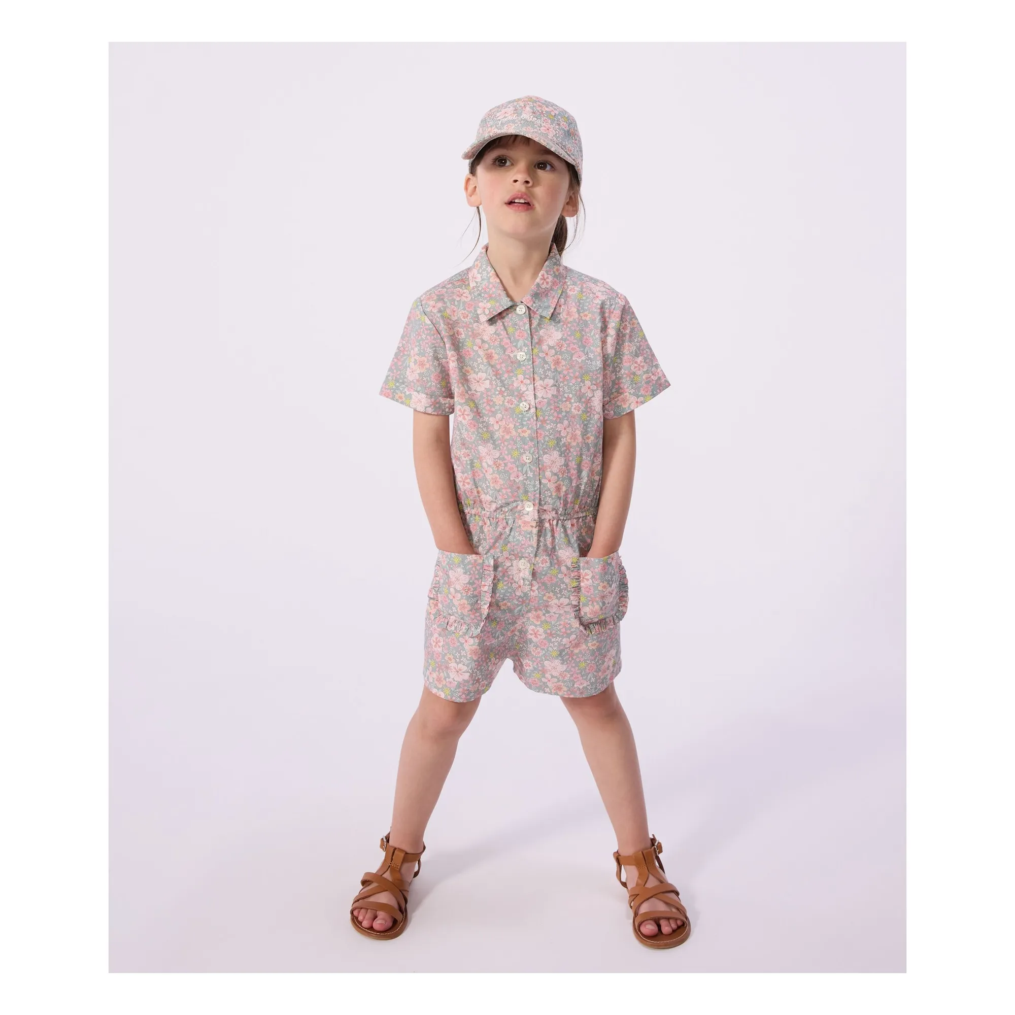 Combishort Fleurie Popeline Coton Bio | Bleu gris- Image produit n°0