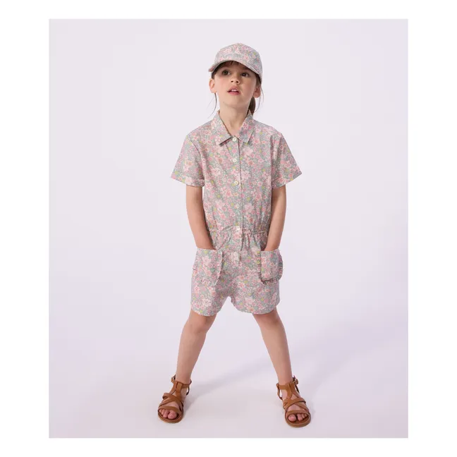 Combishort Fleurie Popeline Coton Bio | Bleu gris