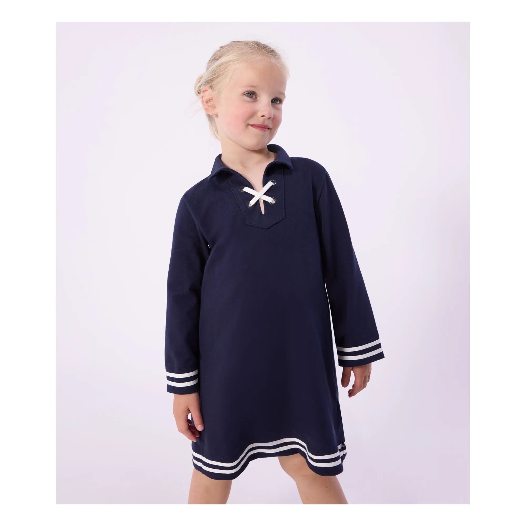 Petit Bateau Girls Navy Blue Dress With Lace Collar