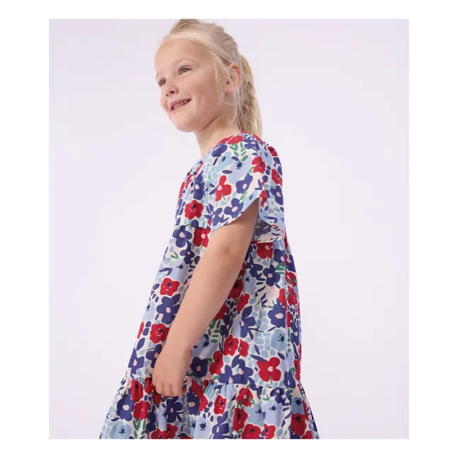Robe Fleurie Popeline Coton Bio | Bleu