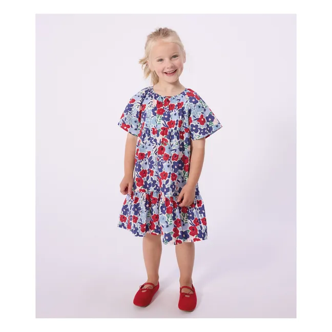 Vestido floral de popelina de algodón orgánico | Azul