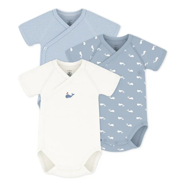 Lot 3 Bodies Croisés Baleines Coton Bio | Bleu