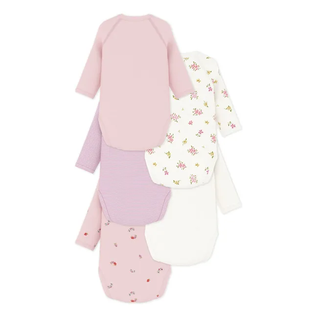 Set of 5 Organic Cotton Flowered Bodysuits | Pink