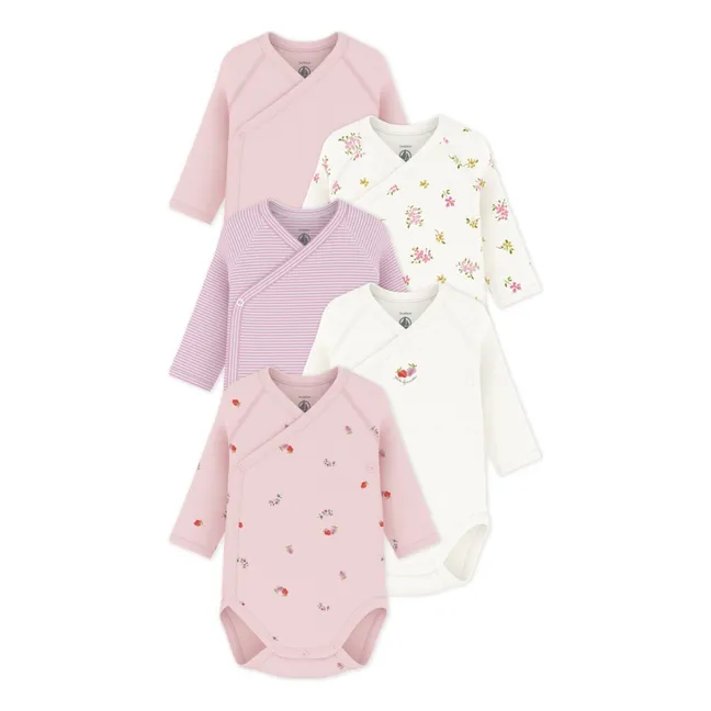 Lot 5 Bodies Croisés Fleuris Coton Bio | Rose