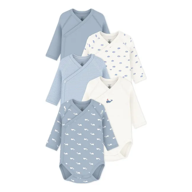 Lot 5 Bodies Croisés Baleines Coton Bio | Bleu