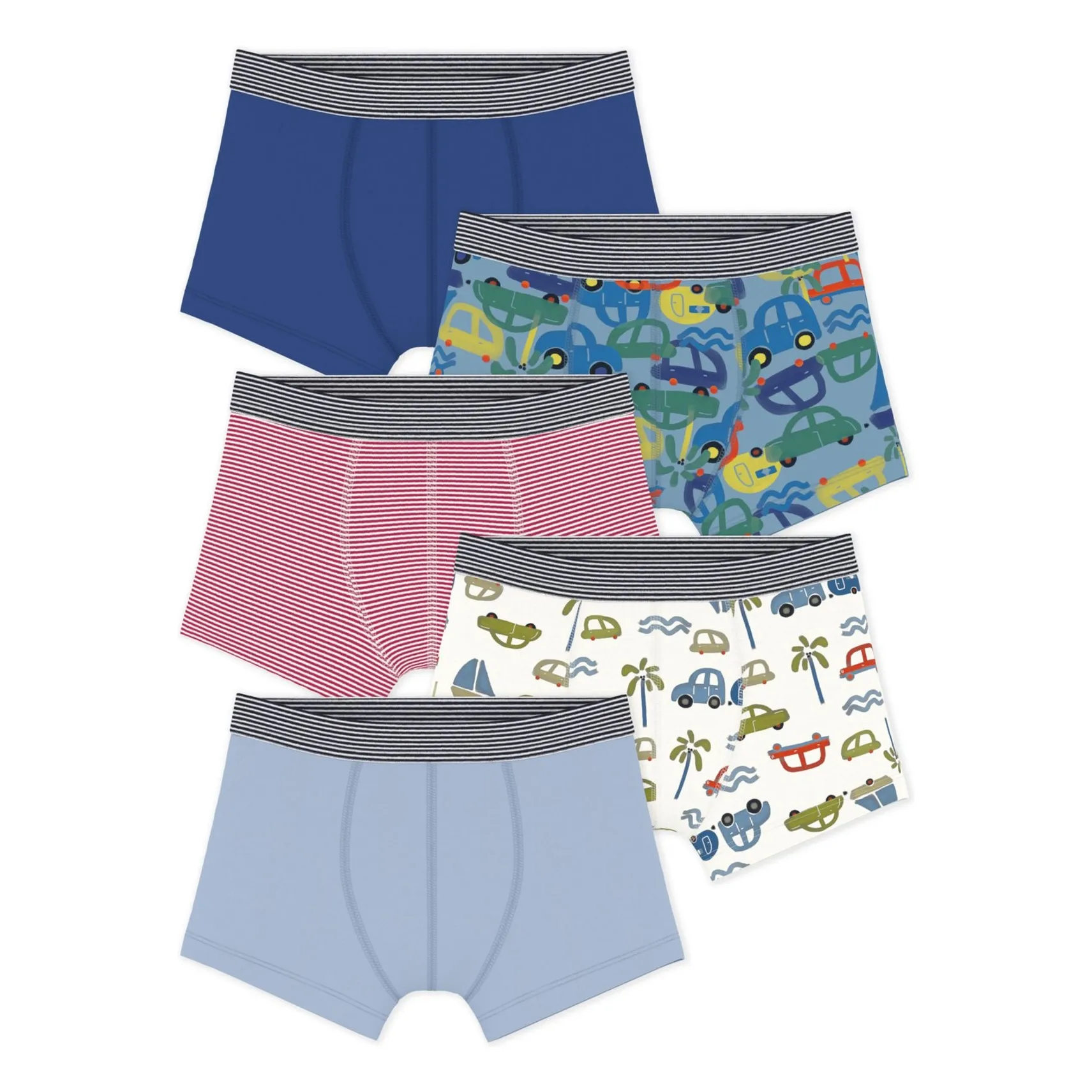 Petit Bateau Boys Blue Lot 5 Boxers Cars