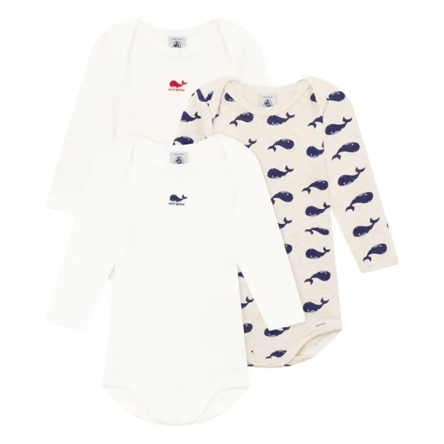 Set of 3 Long-sleeved Whale Bodies Organic Cotton | White