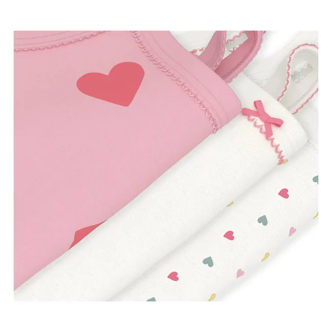 Lot 3 Bodies à Bretelles Cœurs Coton Bio | Rose