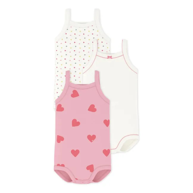 Lot 3 Bodies à Bretelles Cœurs Coton Bio | Rose