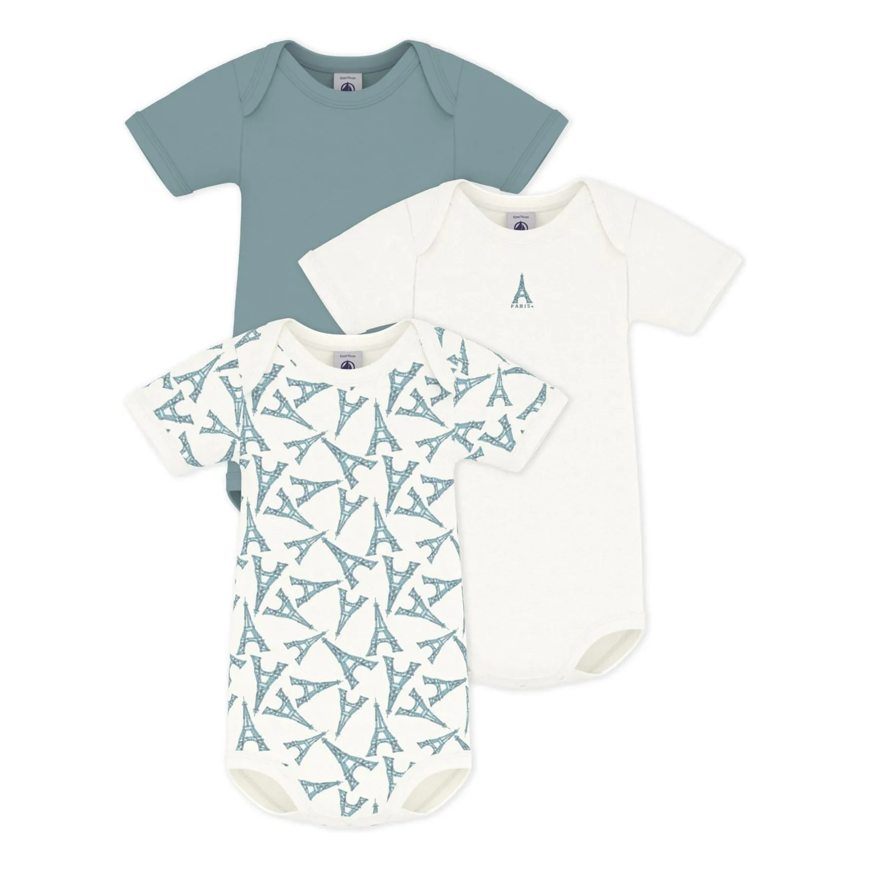 Petit Bateau Green Set Of 3 Eiffel Tower Organic Cotton Bodies