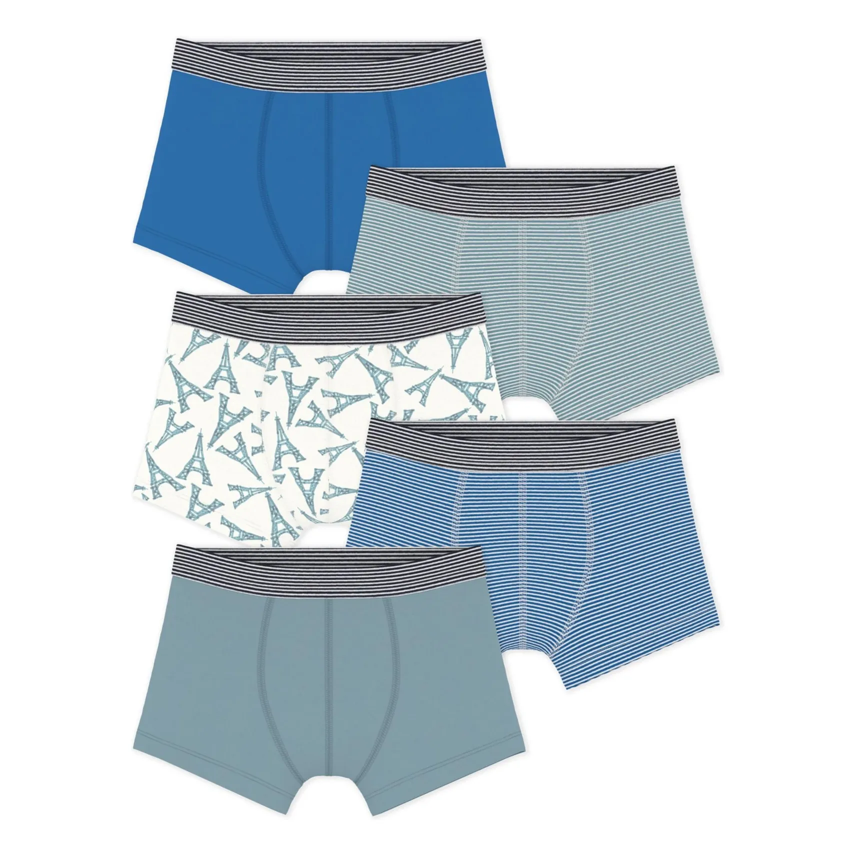 Petit Bateau Boys Blue Set Of 5 Eiffel Tower Boxers