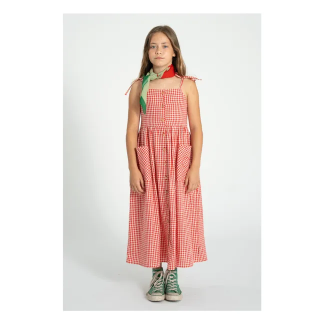 Maxivestido de algodón orgánico con estampado de cuadros | Rojo