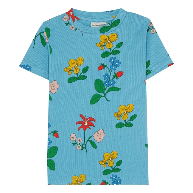 T-shirt Côtelé Fleurs | Bleu azur
