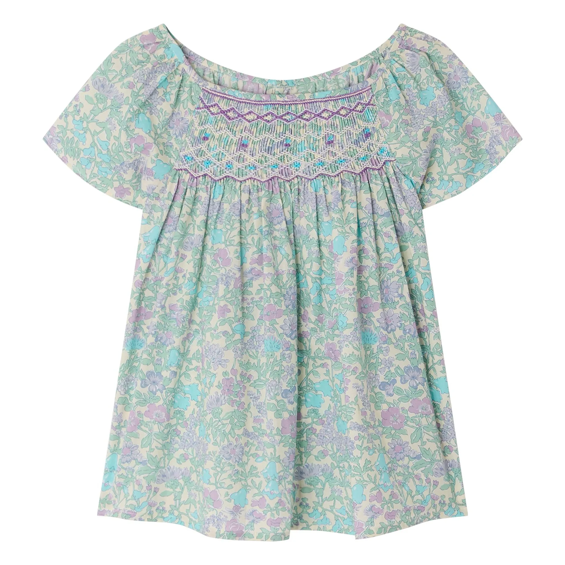 Bonpoint Girls Green Water Grenade Liberty Coton Bio Smocked Blouse