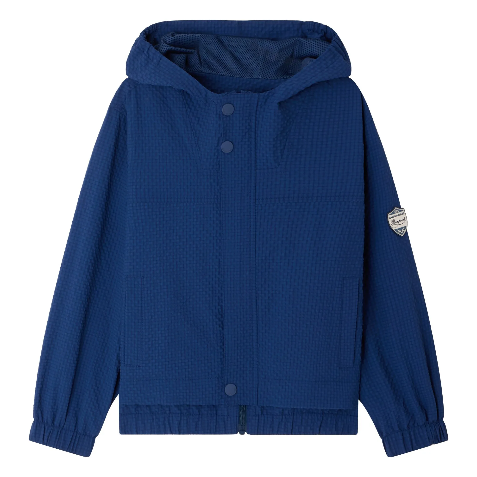 Bonpoint Boys Indigo Blue Lenny Carreaux Seersucker Hooded Jacket Recycled Fibers