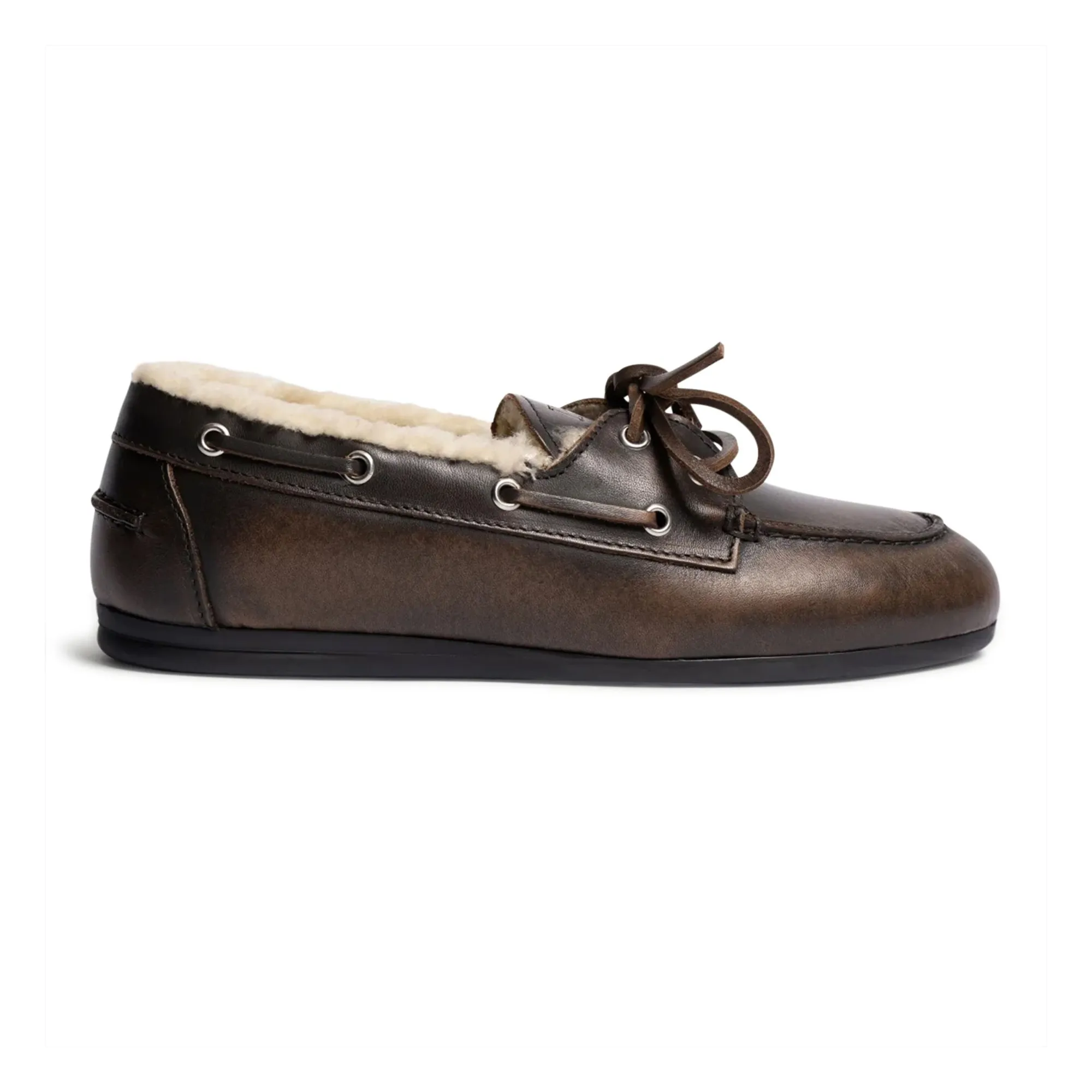 Posa Coffee Leather And Fur Boat Shoes