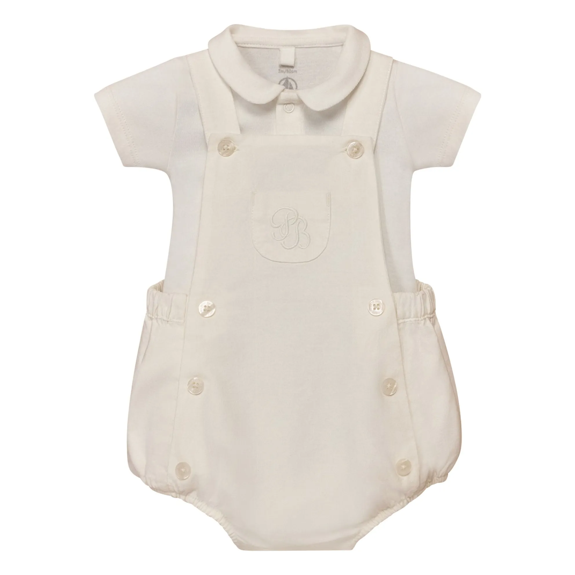 Petit Bateau White Linen And Organic Cotton Bodysuit And Dungarees Set