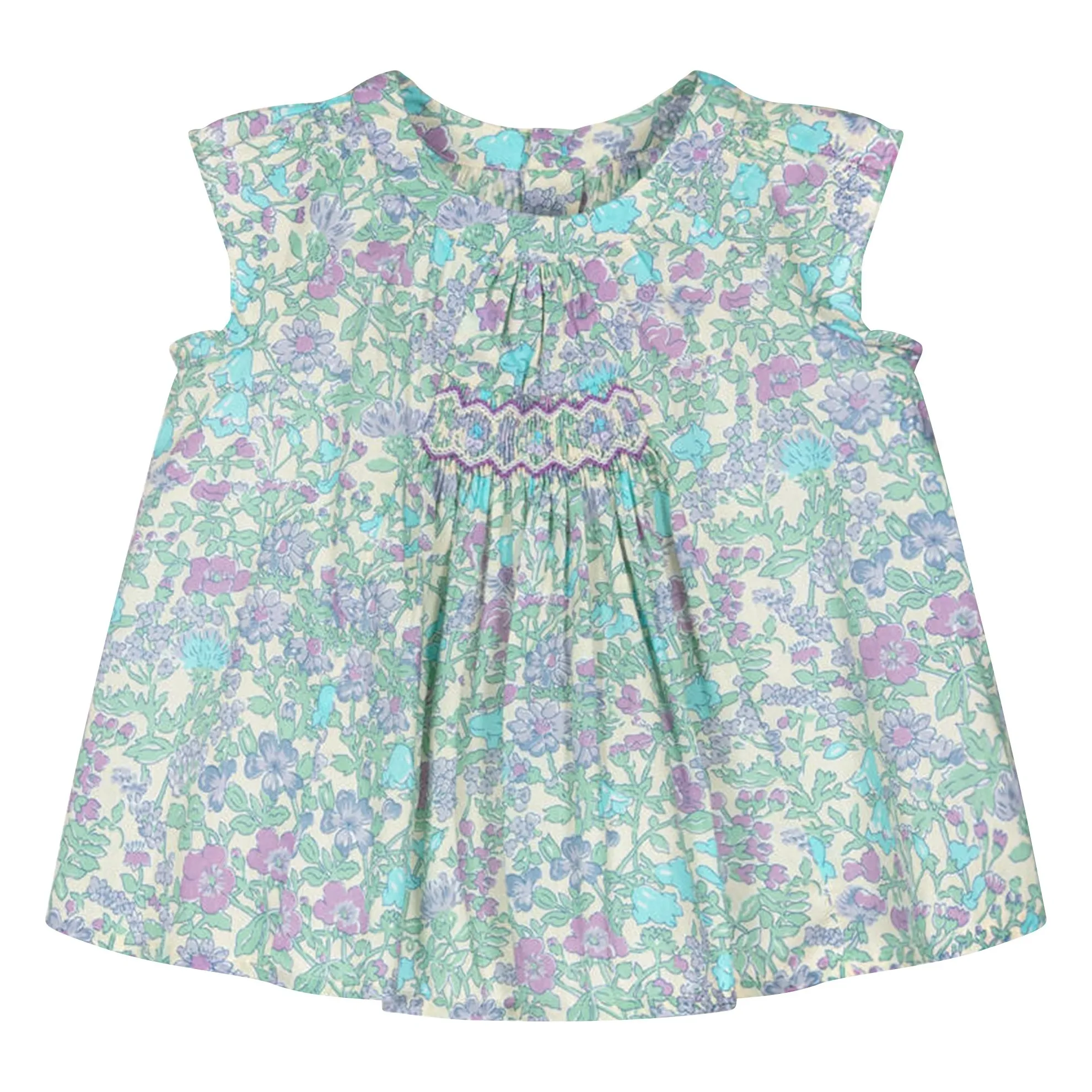 Bonpoint Green Water Pais Liberty Coton Bio Smocked Dress