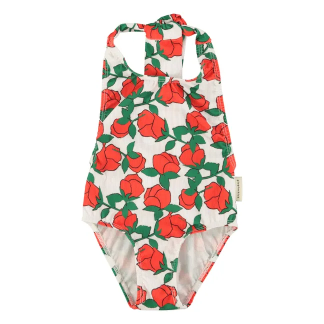 Maillot de Bain Côtelé Dos Nu Roses Fibres Recyclées | Ecru