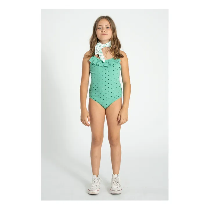 Bañador de canalé con corazones de volantes Algodón orgánico | Verde- Imagen del producto n°1