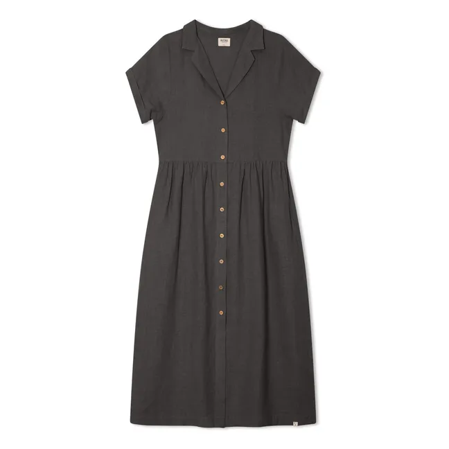 Linen Mi-Long Shirt Dress | Black