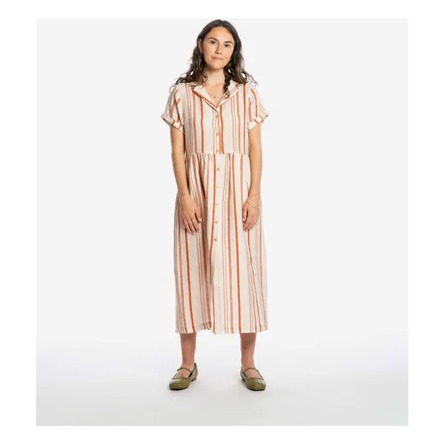 Striped Linen Mi-Long Shirt Dress | Off white