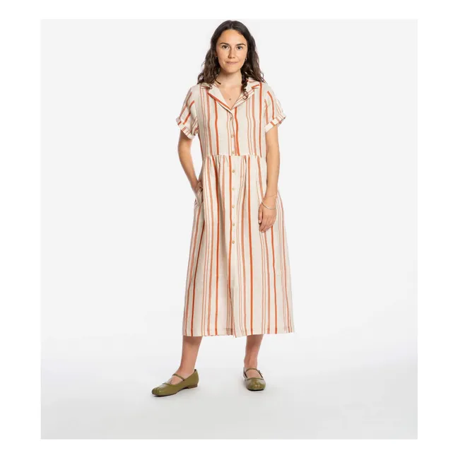 Striped Linen Mi-Long Shirt Dress | White