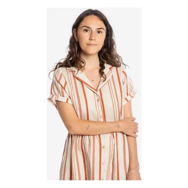 Kleid Hemdbluse Knielang Gestreift Leinen | Grauweiß