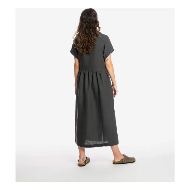 Linen Mi-Long Shirt Dress | Black