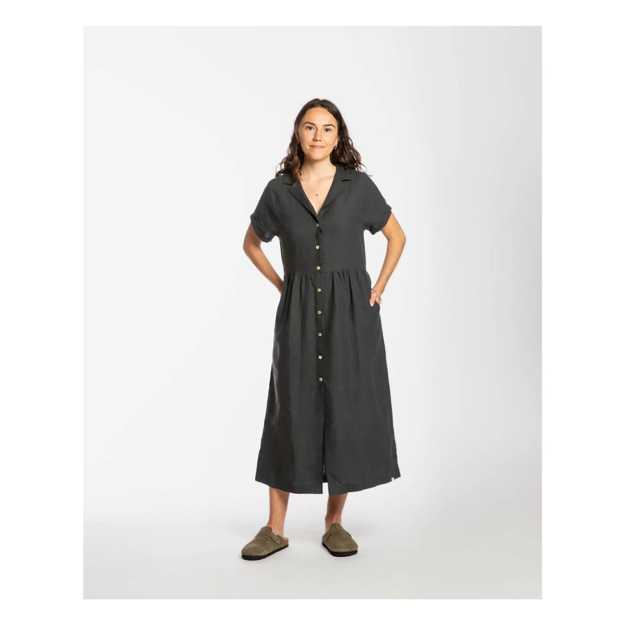 Robe Chemise Mi-Longue Lin | Noir- Image produit n°1