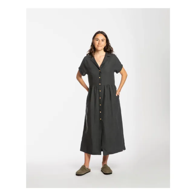 Linen Mi-Long Shirt Dress | Black
