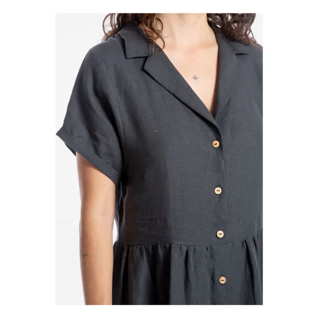 Linen Mi-Long Shirt Dress | Black